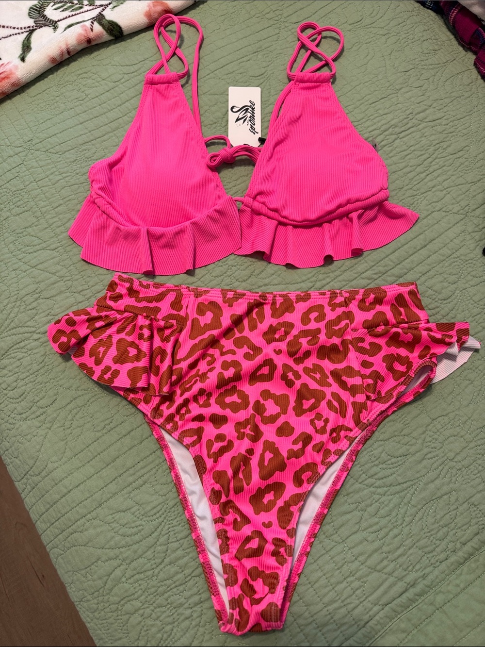 Women’s Pink Ruffled Bikini Set - Leopard Print High-Waist Bottoms